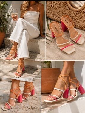 Madre Floe Multi-Color Strappy Block Heel Sandals - Orange/White/Pink